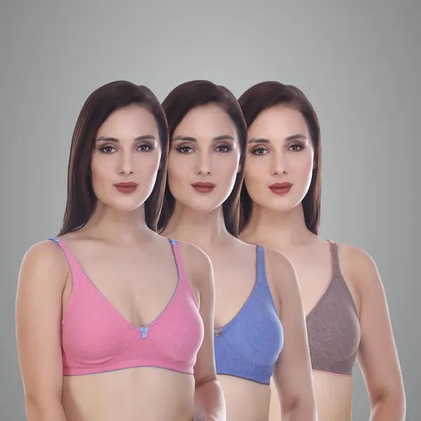 Pack_Of_3_Blue,_Pink_&_Brown_Cotton_Blend_T-Shirt_Bra_Combo_Full_Coverage_Non_Padded_Non_Wired_Adjustable_Straps_Comfortable_Everyday_Bra