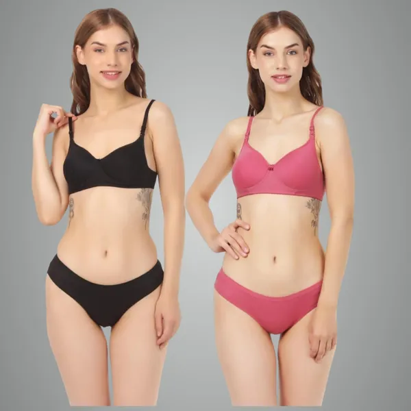 Pack_Of_2_Black_&_Magenta_Cotton_Full_Padded_Bra_And_Seamless_Design_Panty_Adjustable_Breathable_Fabric
