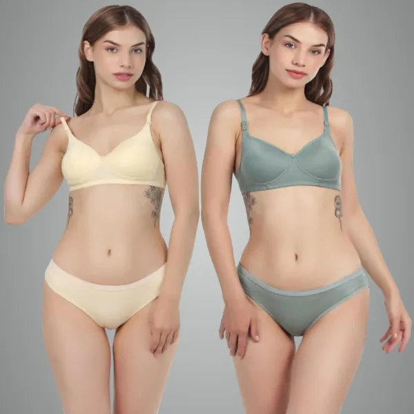 Pack_Of_2_Cream_&_Dark_Green_Lingerie_Set_Full_With_Coverage_Padded_Bra_And_Hipster_Panty_Comfortable_Cotton_Full_Padded_Bra_And_Seamless_Design_Panty