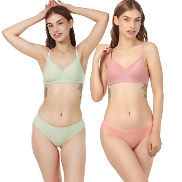 Pack_Of_2_Parrot_Green_&_Light_Pink_Cotton_Full_Padded_Bra_And_Seamless_Design_Panty_Adjustable_Breathable_Fabric