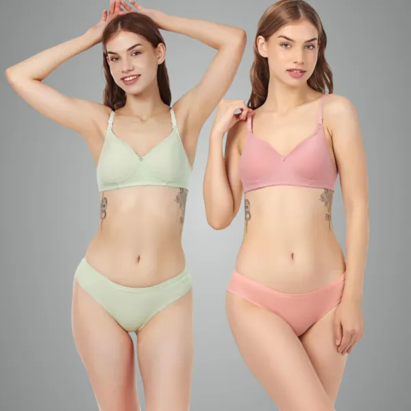 Pack_Of_2_Parrot_Green_&_Light_Pink_Cotton_Full_Padded_Bra_And_Seamless_Design_Panty_Adjustable_Breathable_Fabric