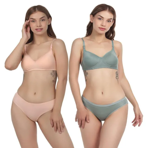 Pack_Of_2_Peach_&_Dark_Green_Cotton_Full_Padded_Bra_And_Seamless_Design_Panty_Adjustable_Breathable_Fabric