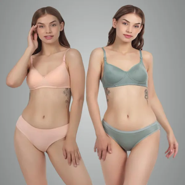 Pack_Of_2_Peach_&_Dark_Green_Cotton_Full_Padded_Bra_And_Seamless_Design_Panty_Adjustable_Breathable_Fabric