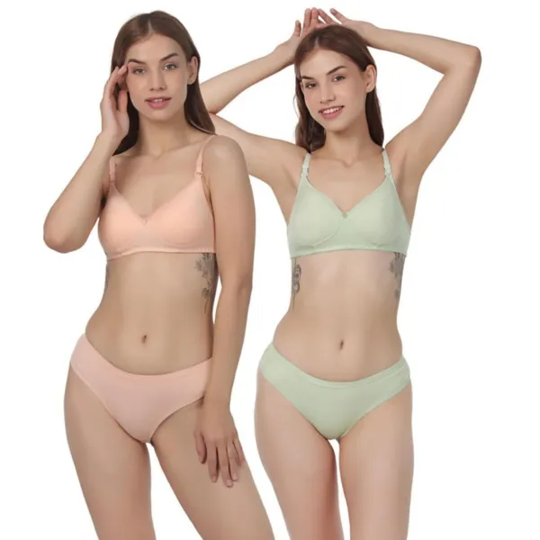Pack_Of_2_Peach_&_Parrot_Green_Cotton_Full_Padded_Bra_And_Seamless_Design_Panty_Adjustable_Breathable_Fabric