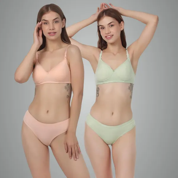 Pack_Of_2_Peach_&_Parrot_Green_Cotton_Full_Padded_Bra_And_Seamless_Design_Panty_Adjustable_Breathable_Fabric