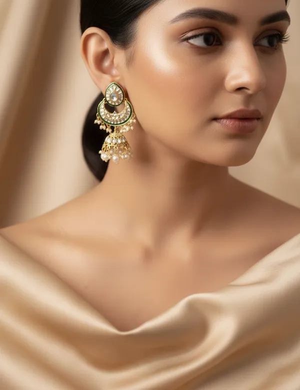 White_&_Green_Kundan_Polki_Necklace_set_(Necklace,_Earrings_and_maangtika_)_For_Women