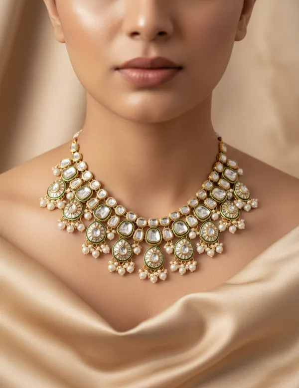 White_&_Green_Kundan_Polki_Necklace_set_(Necklace,_Earrings_and_maangtika_)_For_Women