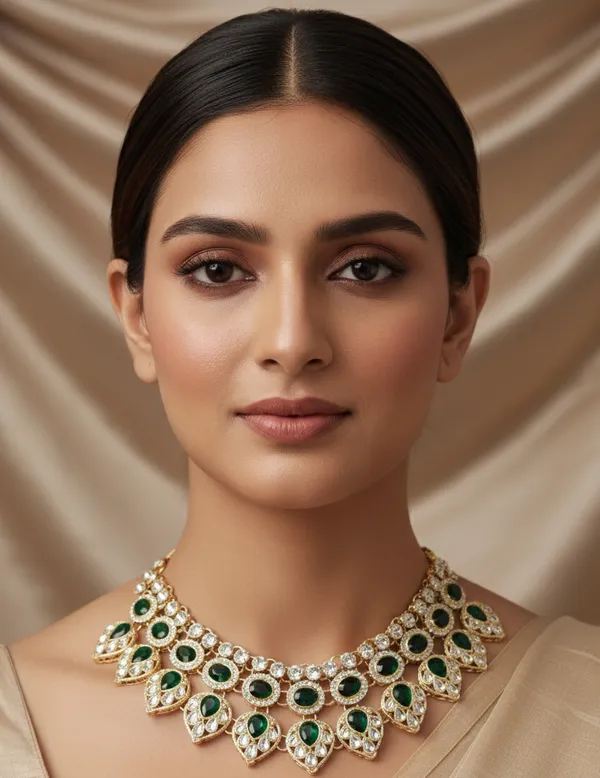 Green_Stone_Luxury_Necklace_set_(Necklace,_Earrings_and_maangtika_)_For_Women