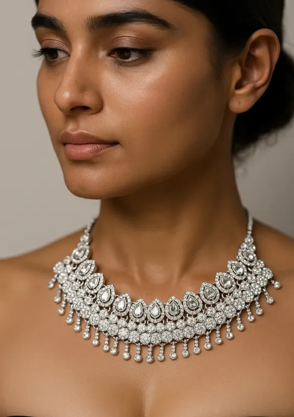 Silver_Elegant_Luxury_Necklace_Set__(Necklace,_Earrings_and_maangtika_)For_Women