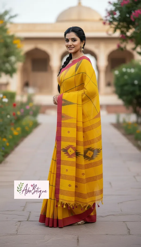 Handloom_Primium_Cotton_Jamdani_Saree_in_Yellow_with_Blouse_Piece