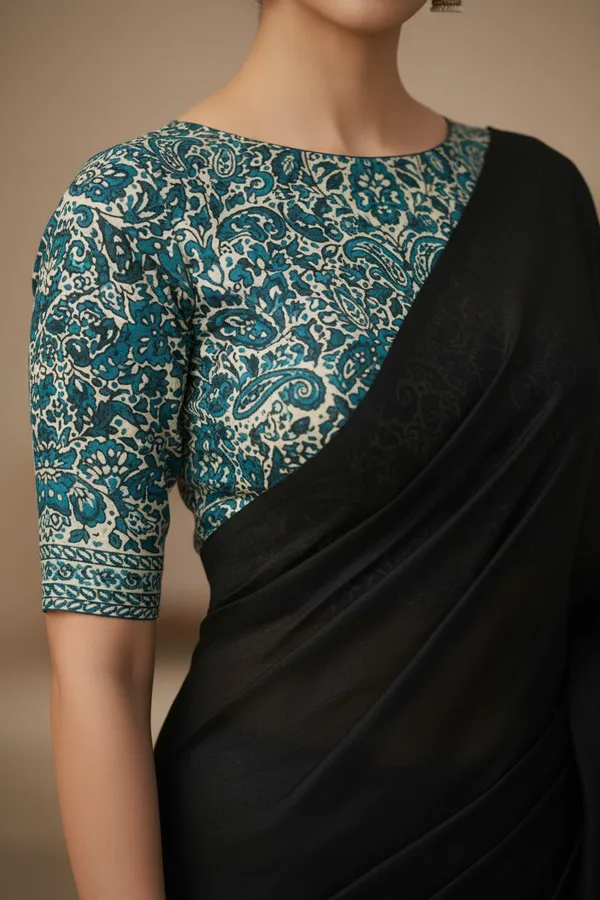 Akhilam_Women's_Black_khadi_cotton_Saree_with_Kalamkari_Blouse_Piece