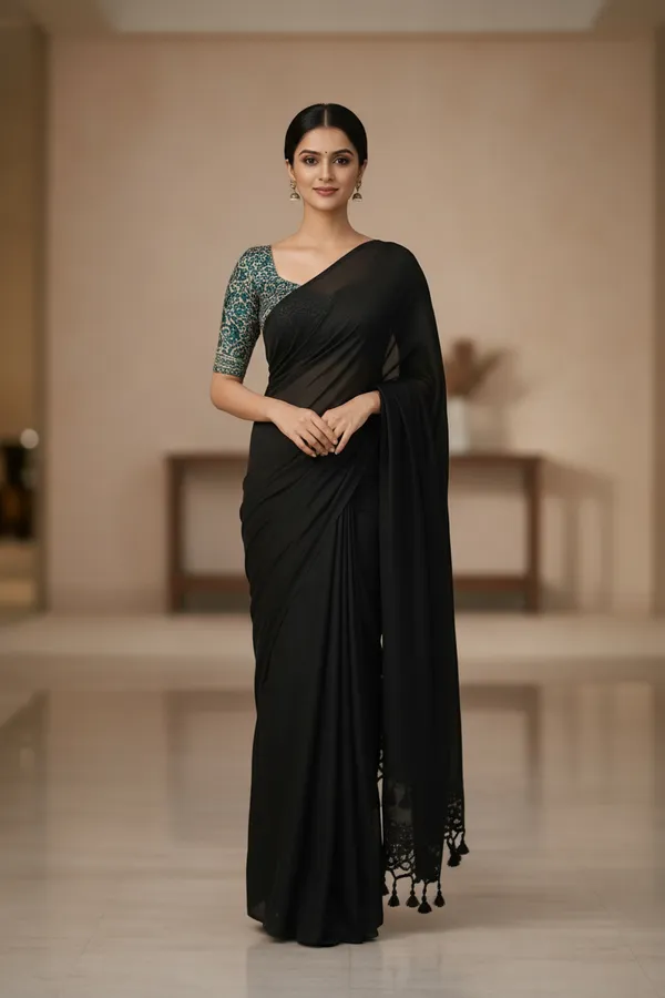 Akhilam_Women's_Black_khadi_cotton_Saree_with_Kalamkari_Blouse_Piece