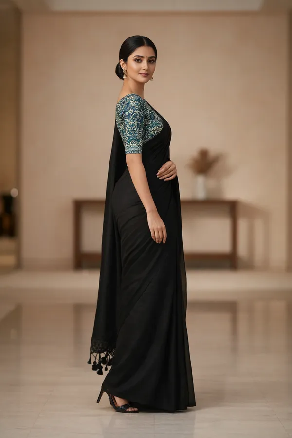 Akhilam_Women's_Black_khadi_cotton_Saree_with_Kalamkari_Blouse_Piece