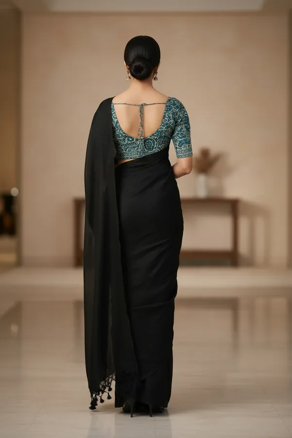 Akhilam_Women's_Black_khadi_cotton_Saree_with_Kalamkari_Blouse_Piece