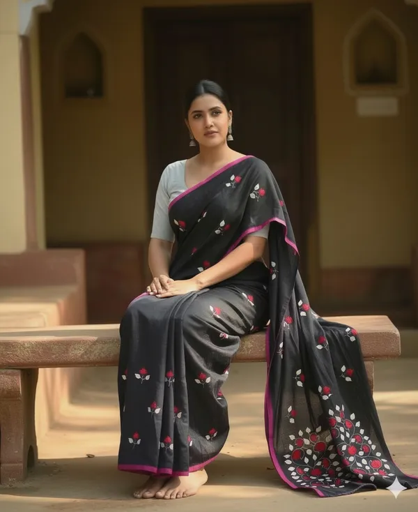 Embellished_Black_Premium_Quality_Mul_Cotton_Aplik_Saree_For_Women_without_Blouse