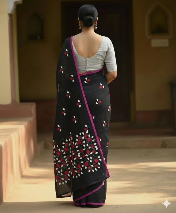 Embellished_Black_Premium_Quality_Mul_Cotton_Aplik_Saree_For_Women_without_Blouse