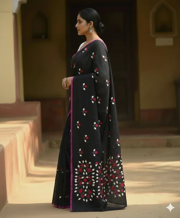 Embellished_Black_Premium_Quality_Mul_Cotton_Aplik_Saree_For_Women_without_Blouse