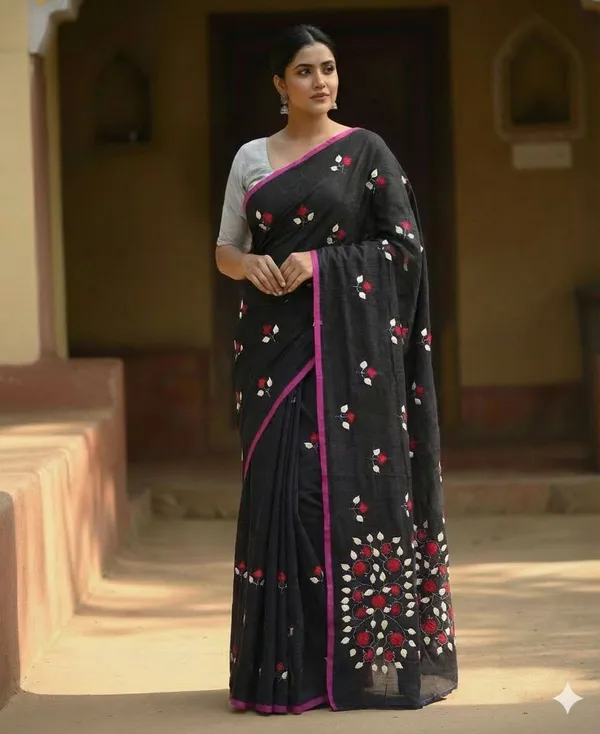 Embellished_Black_Premium_Quality_Mul_Cotton_Aplik_Saree_For_Women_without_Blouse