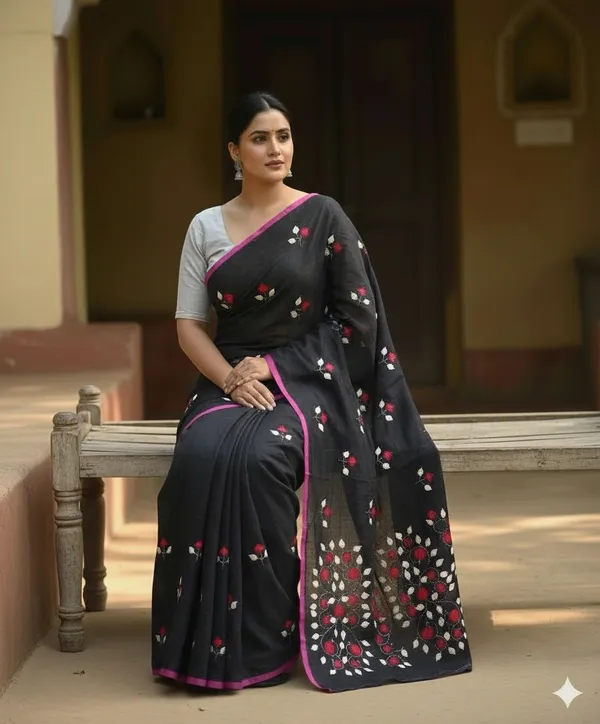 Embellished_Black_Premium_Quality_Mul_Cotton_Aplik_Saree_For_Women_without_Blouse