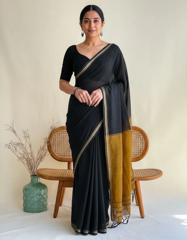 Embellished_Khadi_cotton_Black_saree_running_Blouse