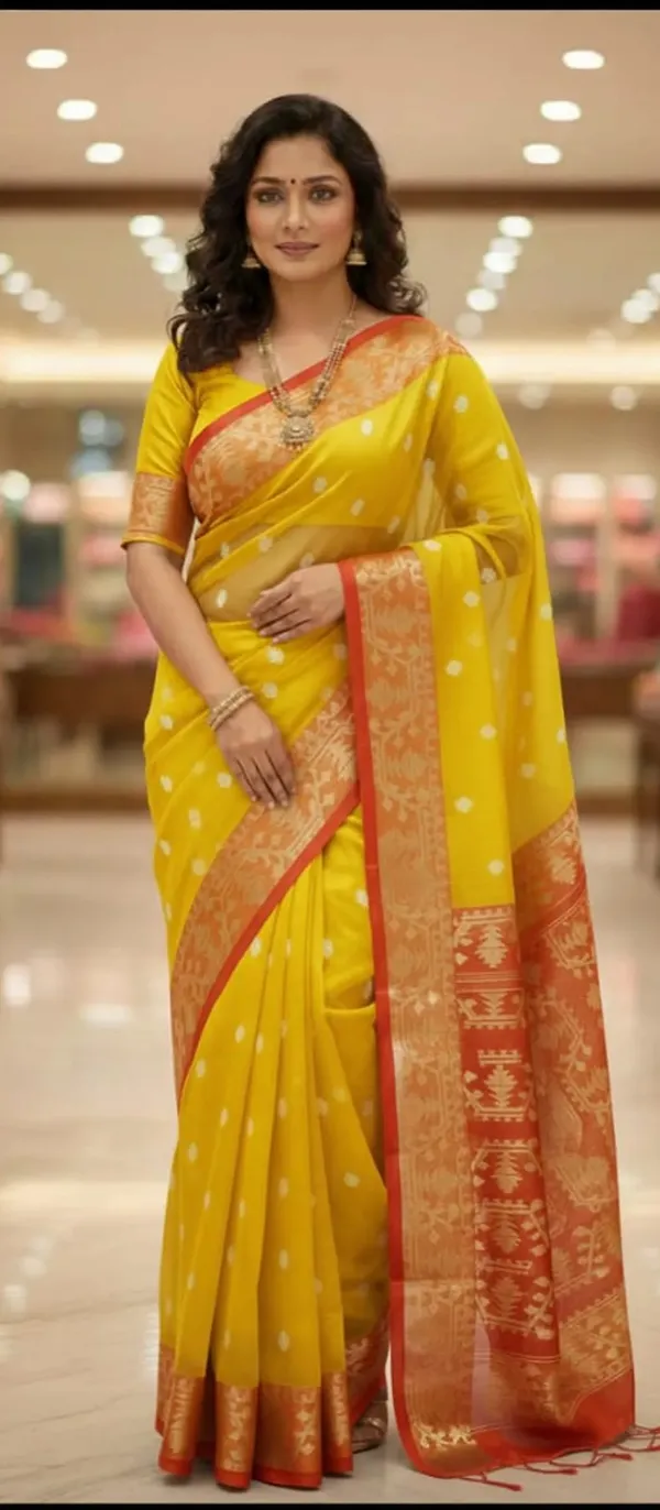 Yellow_Premium_Quality_Muslin_Saree_For_Women_with_Blouse