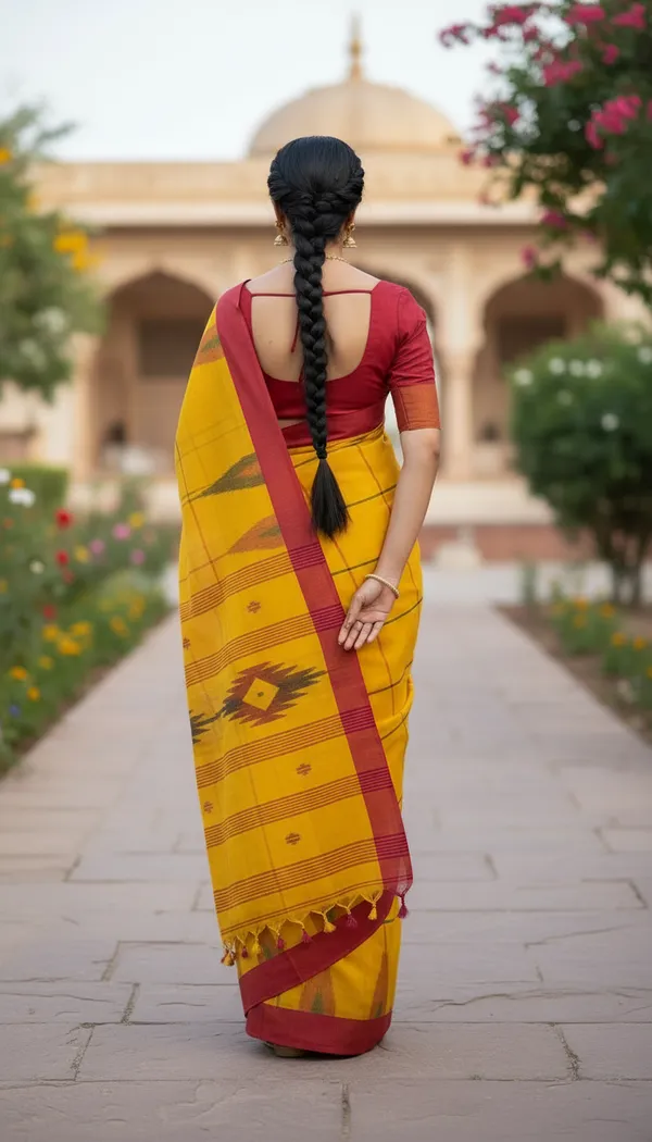 Handloom_Primium_Cotton_Jamdani_Saree_in_Yellow_with_Blouse_Piece