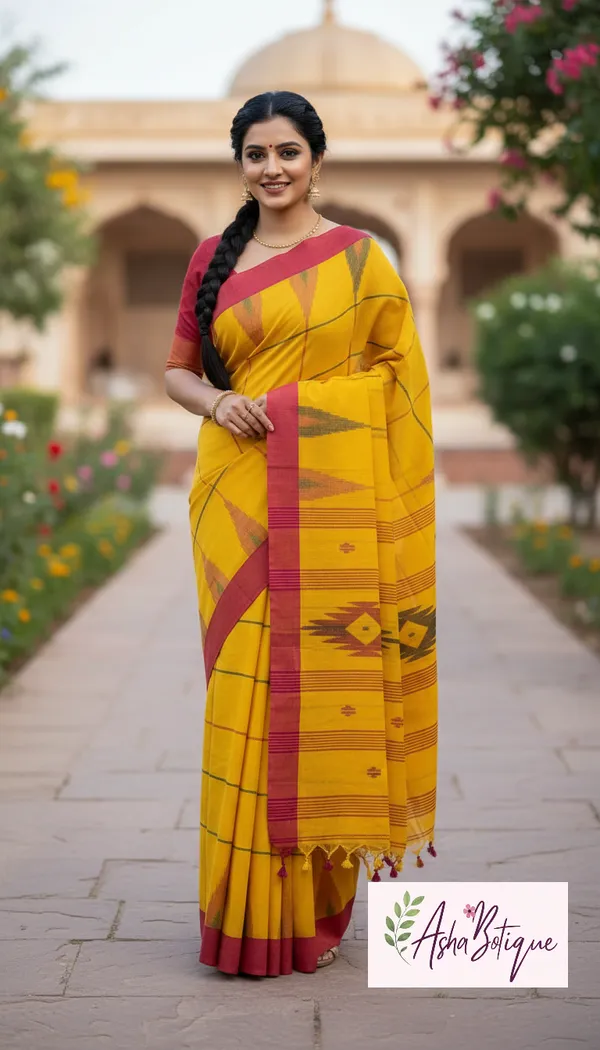 Handloom_Primium_Cotton_Jamdani_Saree_in_Yellow_with_Blouse_Piece