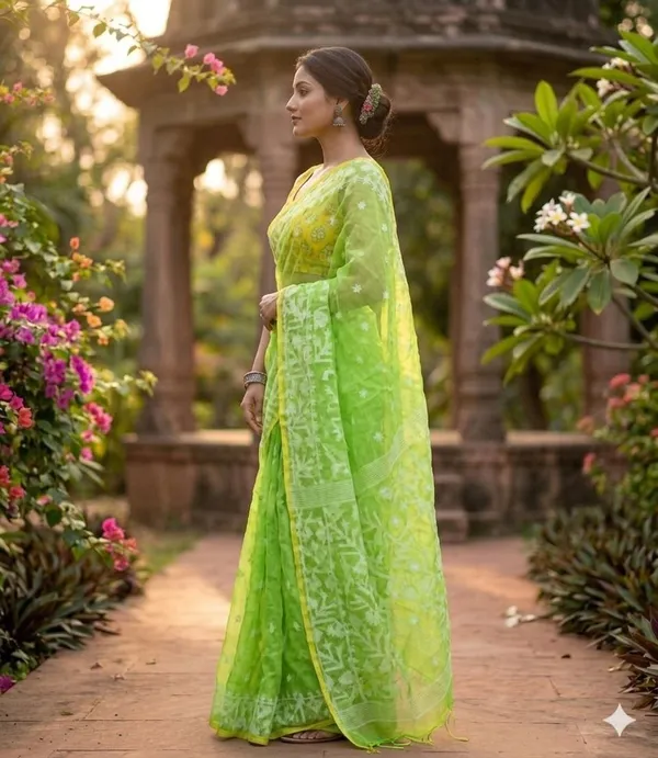 Lime_Green_Premium_Quality__Reshom_Muslin_Saree_For_Women_with_Blouse