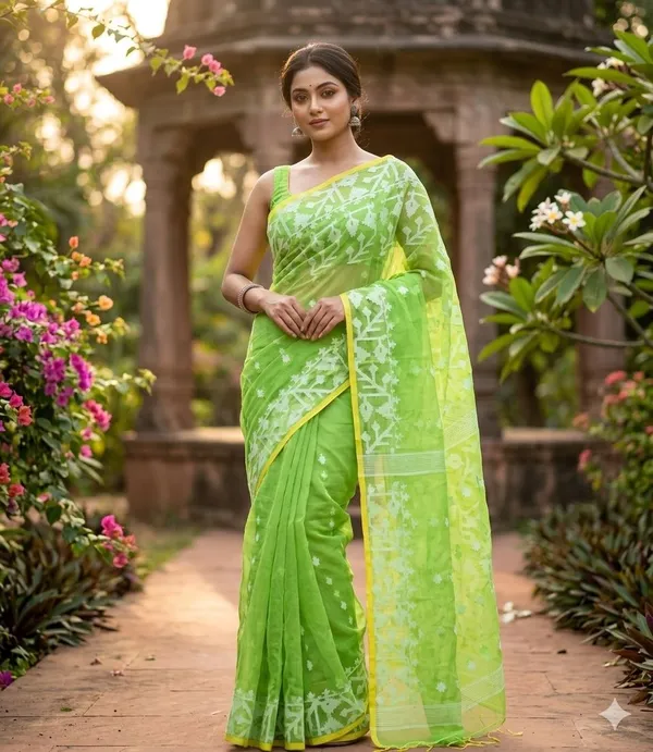 Lime_Green_Premium_Quality__Reshom_Muslin_Saree_For_Women_with_Blouse