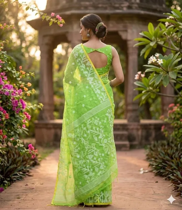 Lime_Green_Premium_Quality__Reshom_Muslin_Saree_For_Women_with_Blouse