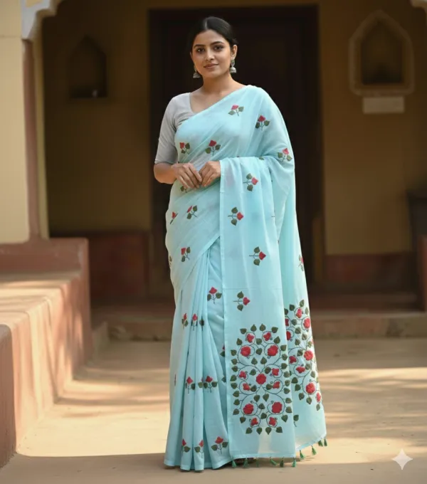 Blue_Premium_Quality_Mul_Cotton_Aplik_Saree_For_Women_without_Blouse
