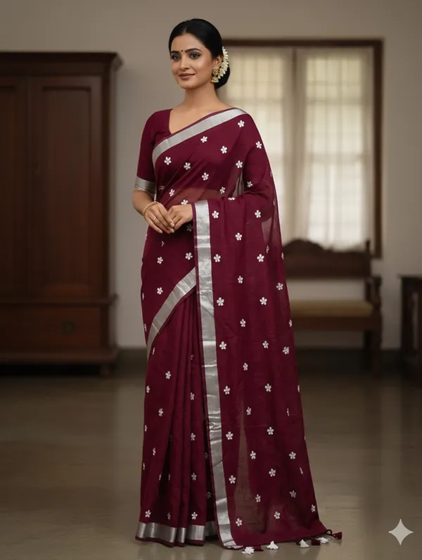 Samaira_Khadi_Cotton_Flower_Motiv_Mbodari_saree_Running_Blouse