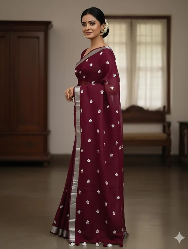 Samaira_Khadi_Cotton_Flower_Motiv_Mbodari_saree_Running_Blouse