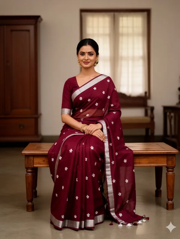 Samaira_Khadi_Cotton_Flower_Motiv_Mbodari_saree_Running_Blouse