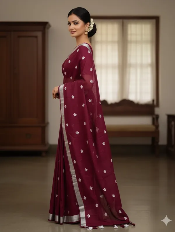 Samaira_Khadi_Cotton_Flower_Motiv_Mbodari_saree_Running_Blouse