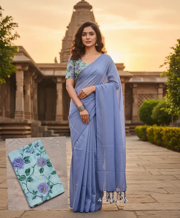 Samaira_Plan_Khadi_cotton_saree_with_1_miter_Kalamkari_Blouse_Piece