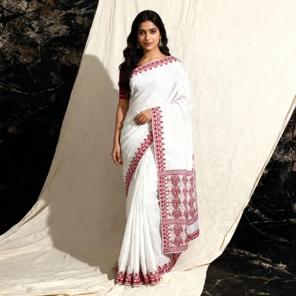 White_Premium_Quality_Resham_Jamdani_Saree_For_Women_with_Blouse