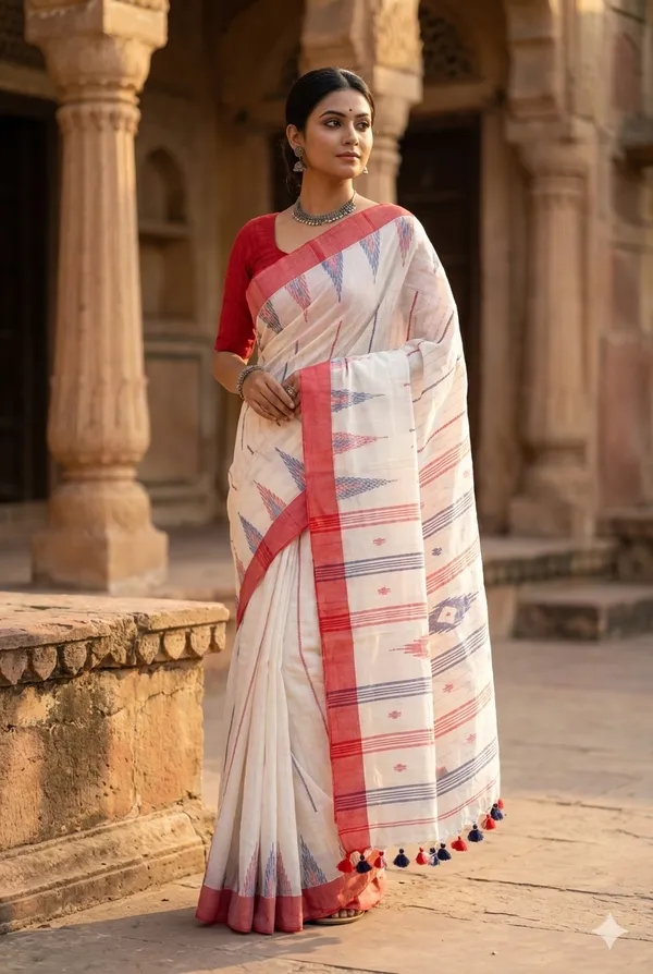 White_Premium_Quality_Mul_Cotton_Saree_For_Women_with_Blouse