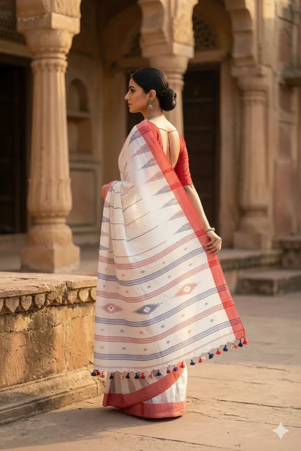White_Premium_Quality_Mul_Cotton_Saree_For_Women_with_Blouse