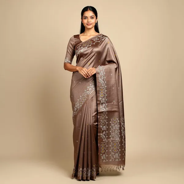 Chocolate_Premium_Quality_Tasar_Saree_For_Women_with_Blouse