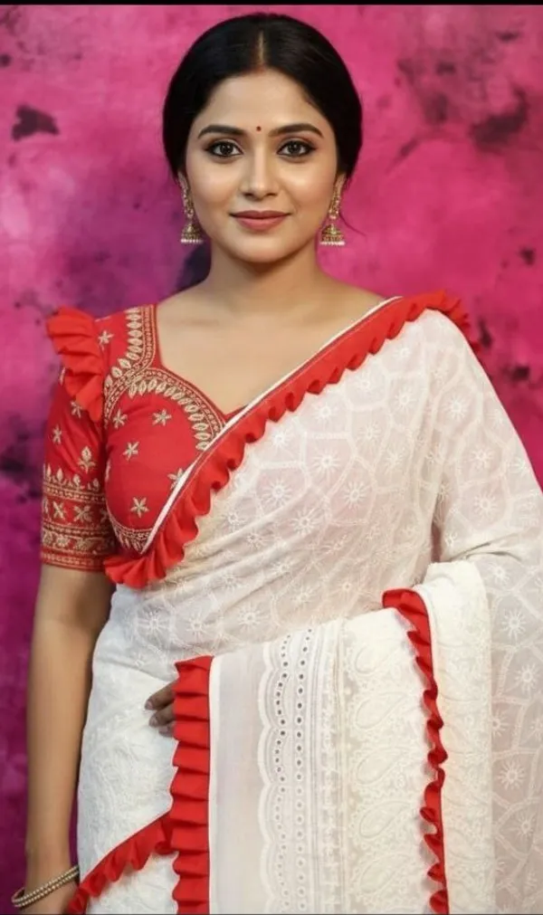 CHIKANKARI_PURE_COTTON_RED_LACE_SAREE_WITHOUT_BLOUSE_WHITE_COLOUR