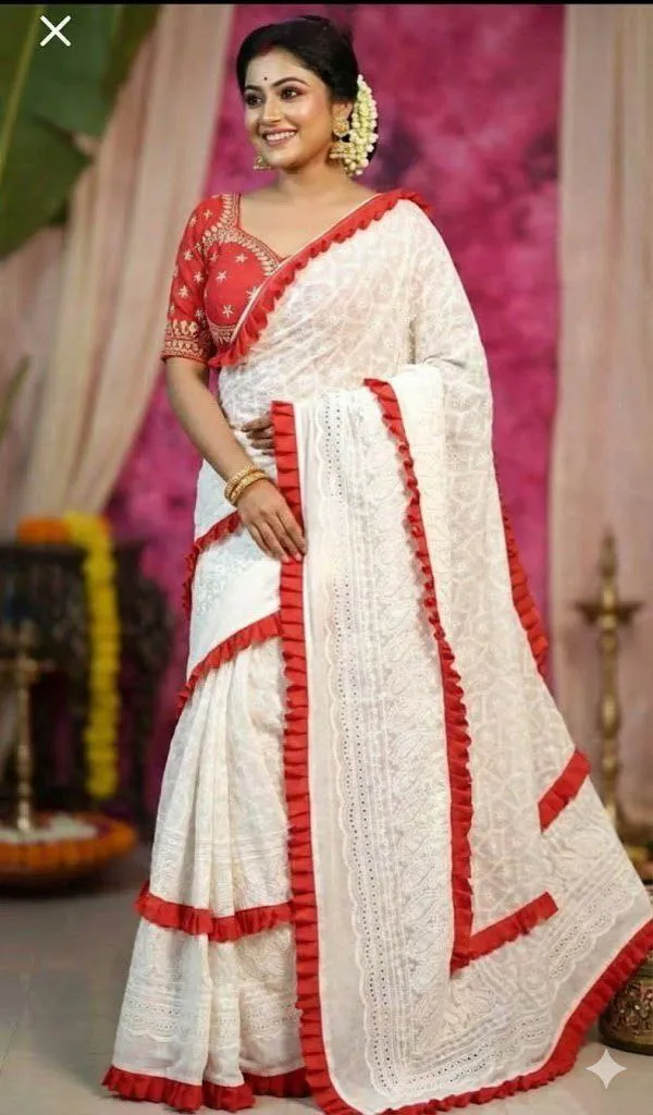 CHIKANKARI_PURE_COTTON_RED_LACE_SAREE_WITHOUT_BLOUSE_WHITE_COLOUR
