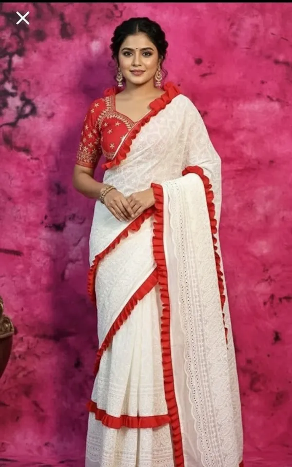 CHIKANKARI_PURE_COTTON_RED_LACE_SAREE_WITHOUT_BLOUSE_WHITE_COLOUR
