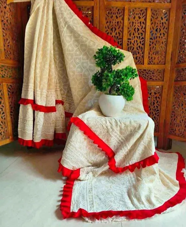 CHIKANKARI_PURE_COTTON_RED_LACE_SAREE_WITHOUT_BLOUSE_WHITE_COLOUR