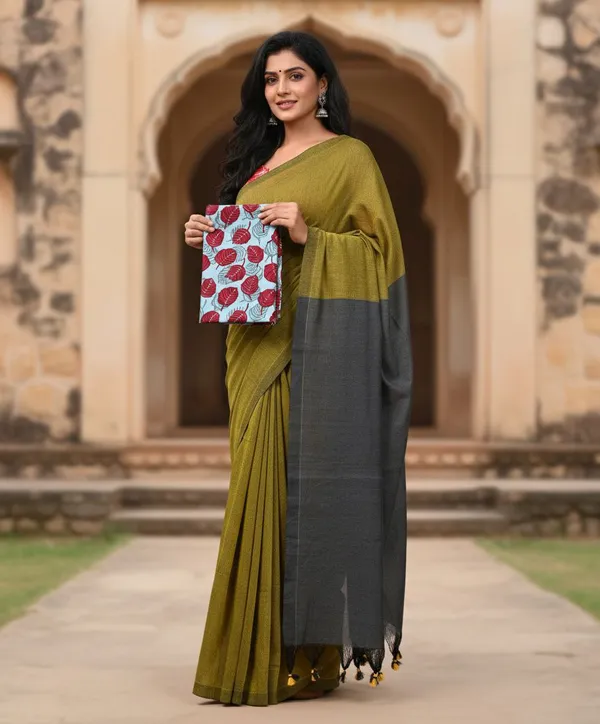 Akhilam_Women_khadi_cotton_Saree_with_Kalamkari_Blouse_Piece