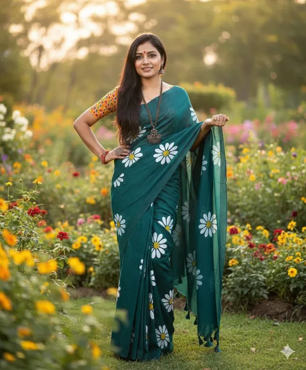Embellished_Flower_Print_Khadi_Cotton_women_saree_Running_blouse