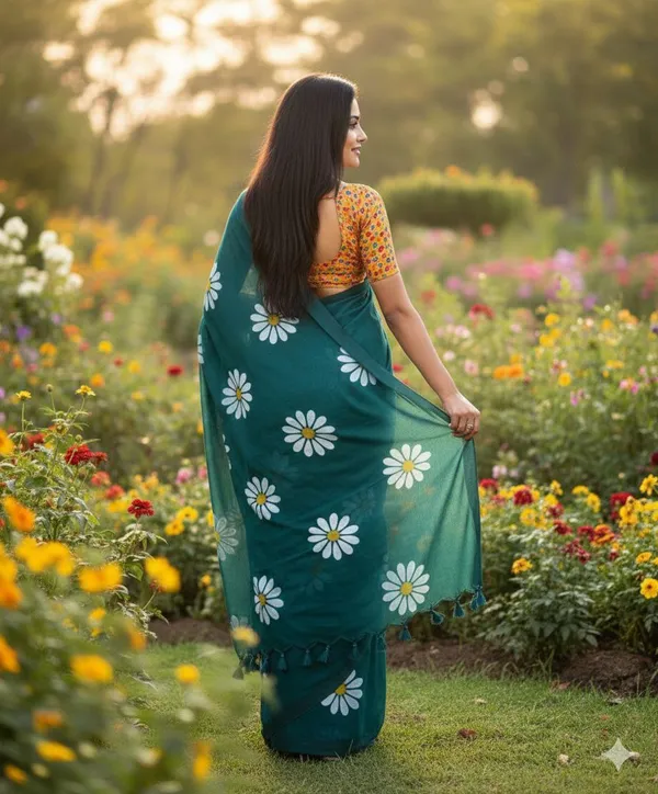 Embellished_Flower_Print_Khadi_Cotton_women_saree_Running_blouse