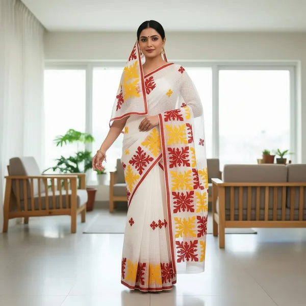 White_Premium_Quality_Kota_Aplik_Saree_For_Women_without_Blouse