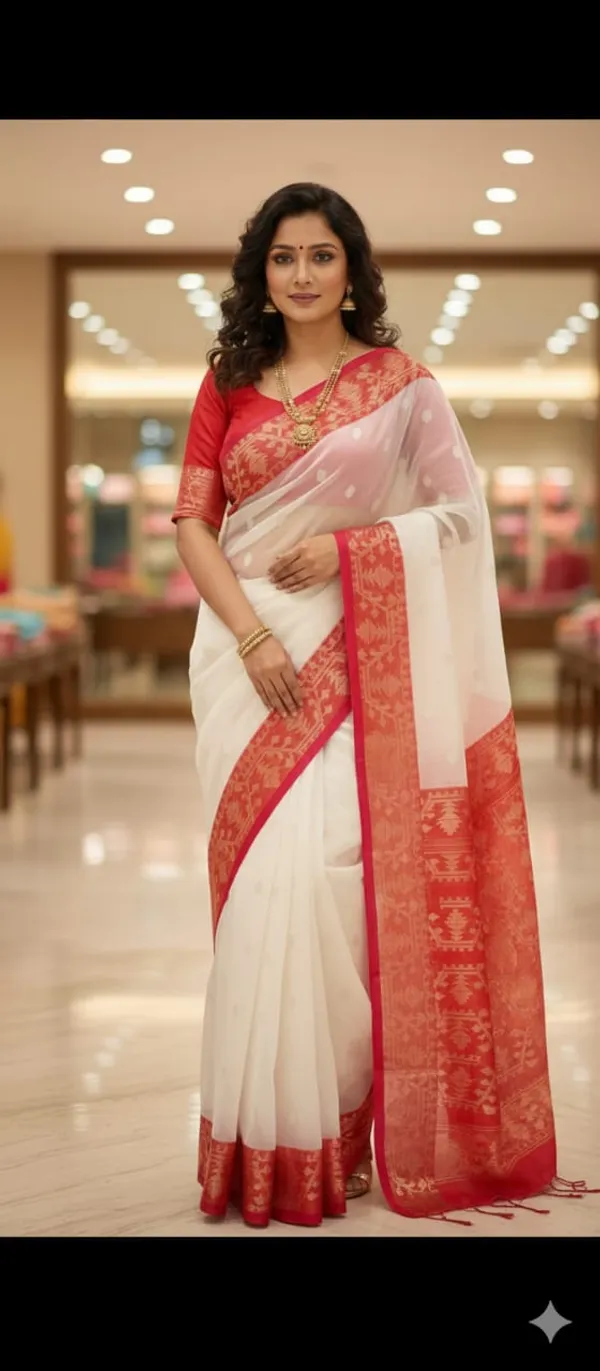 White_Premium_Quality_Muslin_Saree_For_Women_with_Blouse