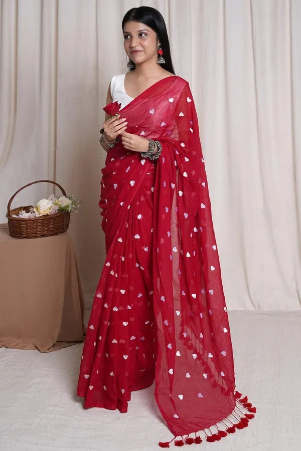 Red_Premium_Quality_khadi_Cotton_Saree_For_Women_with_Blouse